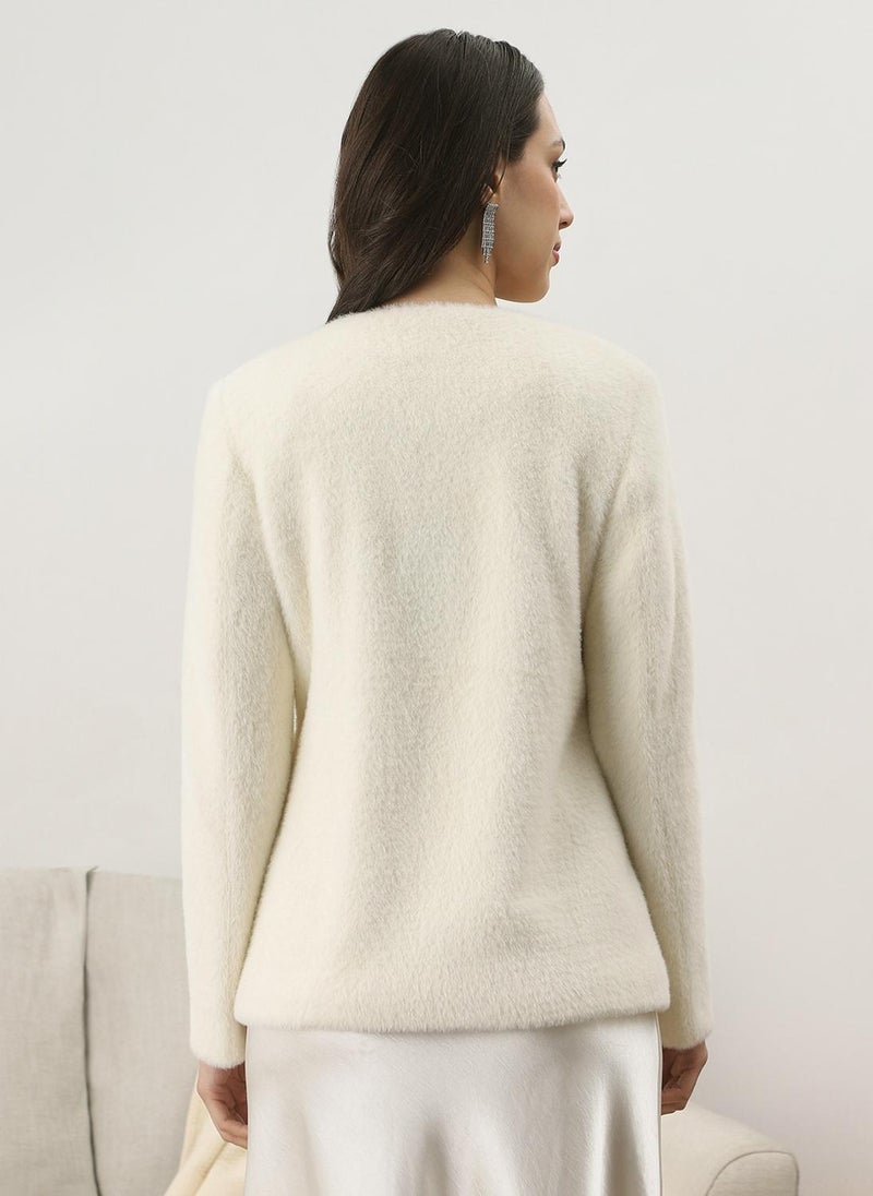 Globus Women White Self Design Embellished Work Round Neck Long Sleeves Suede 2 Pocket Soft Functional Winterwear Overcoat - Image 4