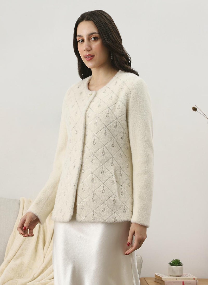 Globus Women White Self Design Embellished Work Round Neck Long Sleeves Suede 2 Pocket Soft Functional Winterwear Overcoat - Image 3