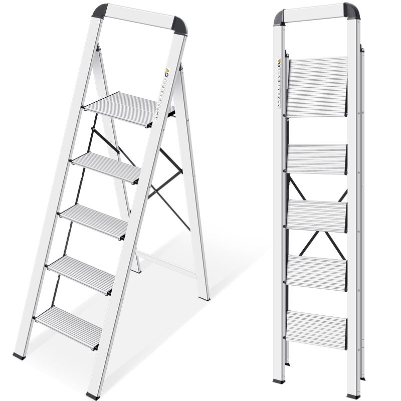 KINGRACK Aluminium 5 Step Ladder, Lightweight Step Stool with Non-Skid Pedals, Handrail, Foldable Step Ladder for Kitchen, Garage, Home, Space Saving, Sturdy and Portable, Silver - Image 1