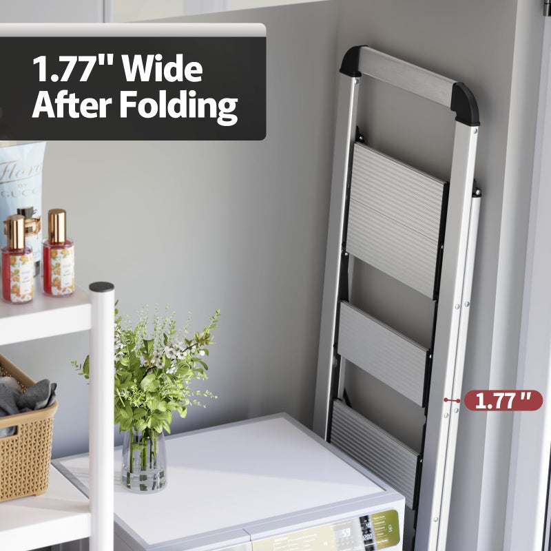 KINGRACK Aluminium 5 Step Ladder, Lightweight Step Stool with Non-Skid Pedals, Handrail, Foldable Step Ladder for Kitchen, Garage, Home, Space Saving, Sturdy and Portable, Silver - Image 3