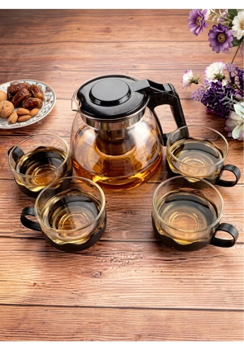Heat Resistant Glass Tea Pot Set with Stainless Steel Infuser & 4 Glass Cups | Elegant Tea Serving Set with Heat-Resistant Handles | Perfect for Tea, Herbal Tea & Coffee - Image 2