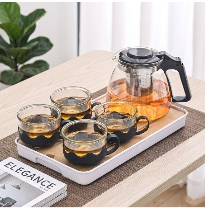 Heat Resistant Glass Tea Pot Set with Stainless Steel Infuser & 4 Glass Cups | Elegant Tea Serving Set with Heat-Resistant Handles | Perfect for Tea, Herbal Tea & Coffee - Image 5