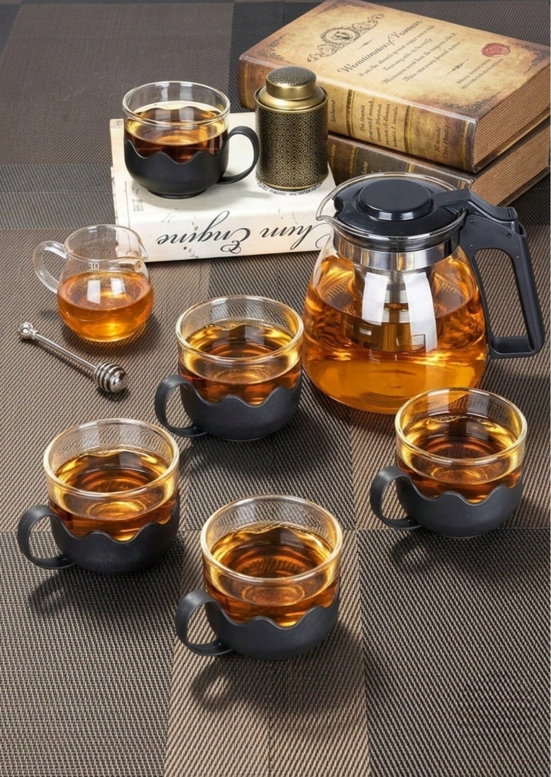 Heat Resistant Glass Tea Pot Set with Stainless Steel Infuser & 4 Glass Cups | Elegant Tea Serving Set with Heat-Resistant Handles | Perfect for Tea, Herbal Tea & Coffee - Image 1
