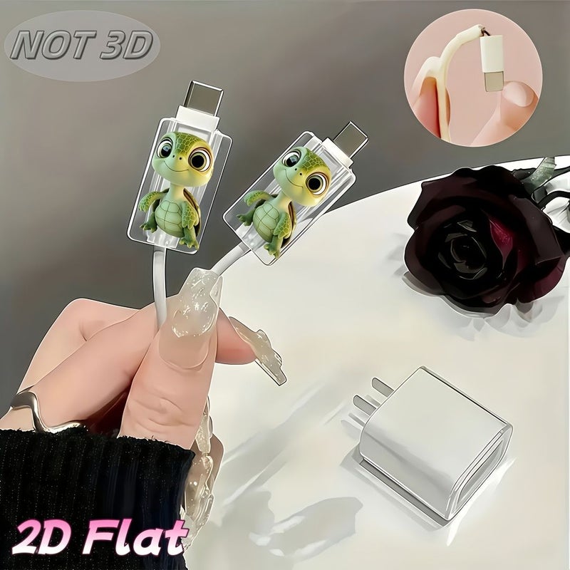 2pcs Cartoon Turtle Pattern Printed Data Cable Protectors Anti Break Type C Phone Protector Aesthetic Durable - Image 3