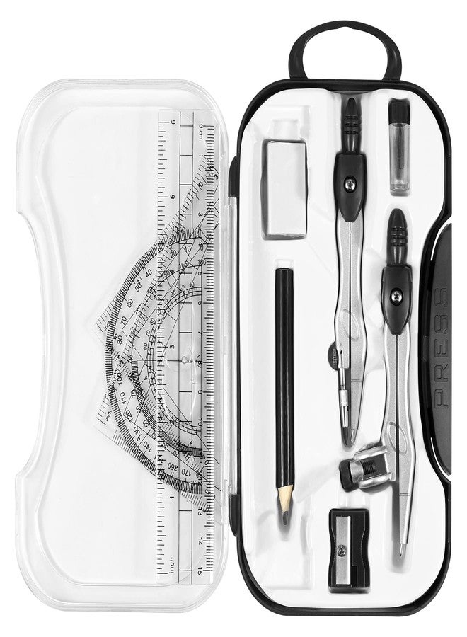 Vobou 10 Pieces Math Geometry Kit Set Student Supplies with Shatterproof Storage Box,Includes Rulers,Protractor,Compass,Eraser,Pencil Sharpener,Lead Refills,Pencil,for School and Drawings（Black） - Image 1