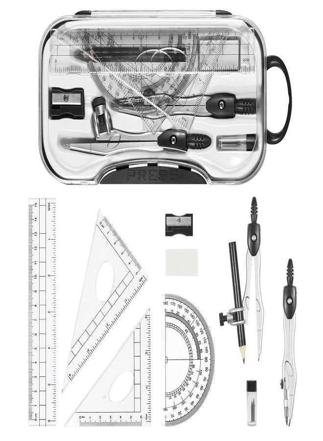 Vobou 10 Pieces Math Geometry Kit Set Student Supplies with Shatterproof Storage Box,Includes Rulers,Protractor,Compass,Eraser,Pencil Sharpener,Lead Refills,Pencil,for School and Drawings（Black） - Image 2