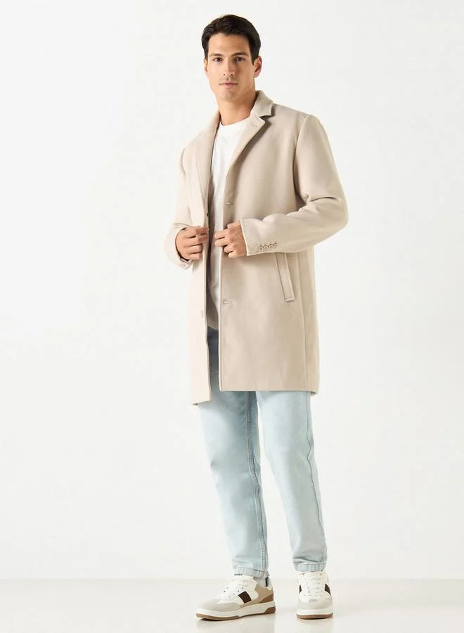 Iconic Iconic Plain Overcoat with Pockets and Button Closure