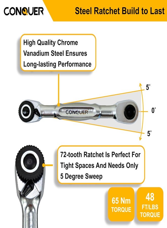 CONQUER Mini Combo Dual Ratchet Wrench with 1/4" Square Drive and Bit Drive High Torque 72-Tooth Gear Head and Spin Disk - Image 3