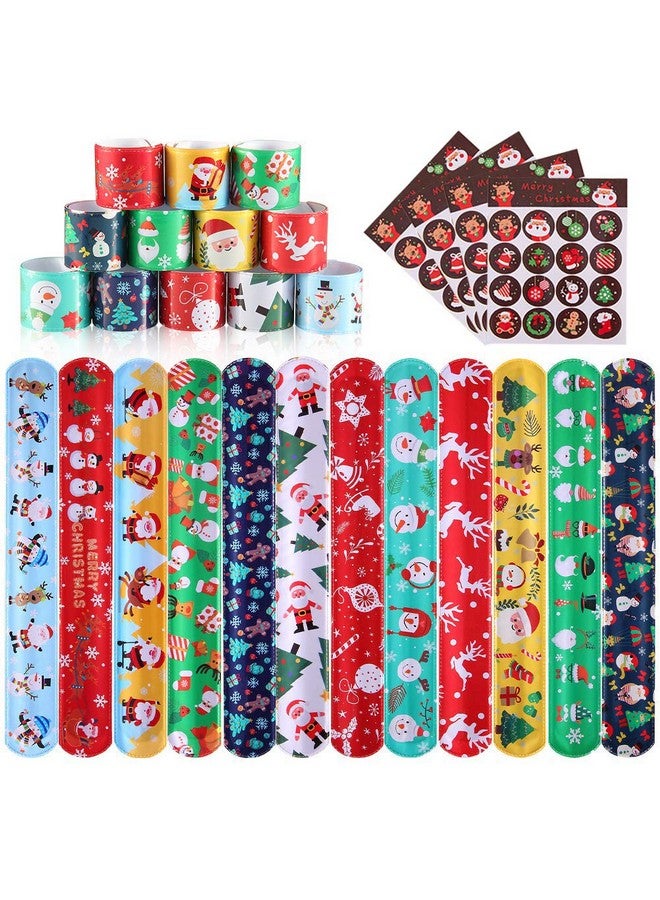 Lumiparty 60 Pcs Christmas Kid'S Slap Bracelets, Slap Bands,Snap Bracelets,Party Favors Pack With Snowflakes,Santa Claus,Snowman For Kids Valentines Gift Classroom Exchange With 4 Sheets Sticker. - Image 1