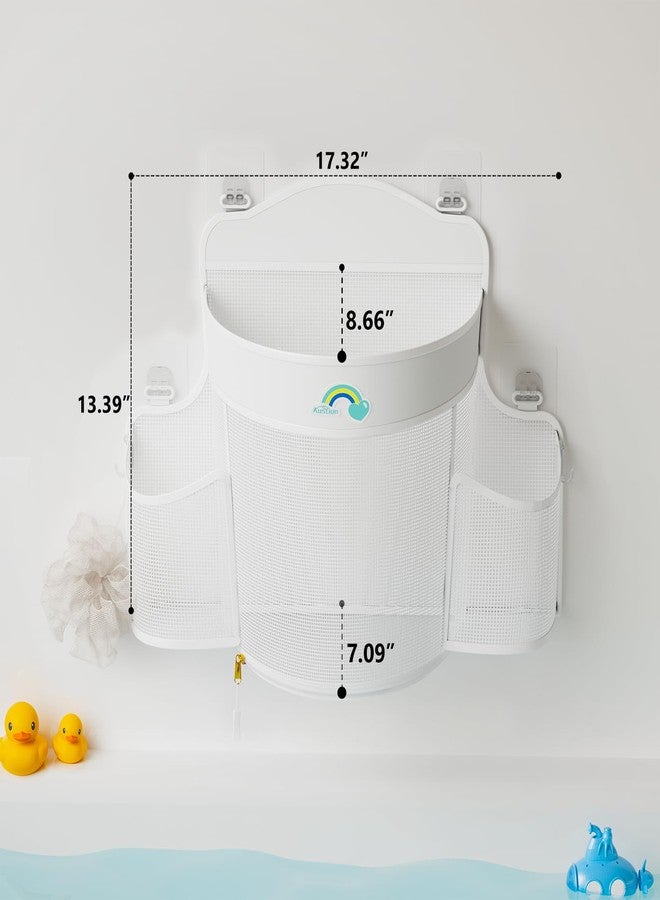 Austion Hanging Bath Toy Storage - Large Opening Quick Dry Mesh Bath Toy Holder with 2 Side Pockets and Bottom Zipper, Space-Saving Bath Toy Organizer for Kids Bathtubs - White - Image 2