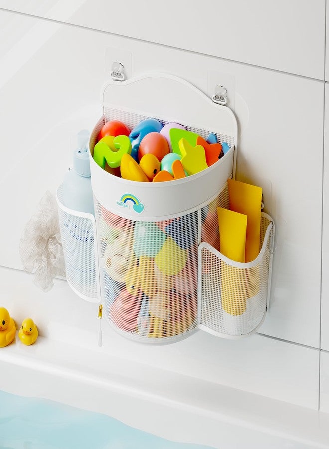 Austion Hanging Bath Toy Storage - Large Opening Quick Dry Mesh Bath Toy Holder with 2 Side Pockets and Bottom Zipper, Space-Saving Bath Toy Organizer for Kids Bathtubs - White - Image 1