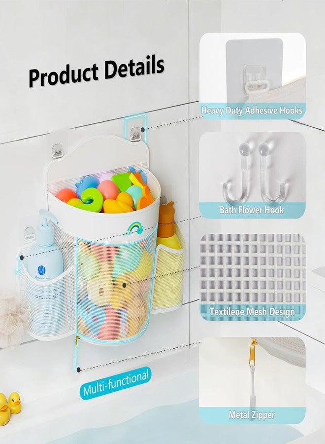 Austion Hanging Bath Toy Storage - Large Opening Quick Dry Mesh Bath Toy Holder with 2 Side Pockets and Bottom Zipper, Space-Saving Bath Toy Organizer for Kids Bathtubs - White - Image 4