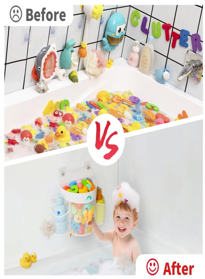 Austion Hanging Bath Toy Storage - Large Opening Quick Dry Mesh Bath Toy Holder with 2 Side Pockets and Bottom Zipper, Space-Saving Bath Toy Organizer for Kids Bathtubs - White - Image 5