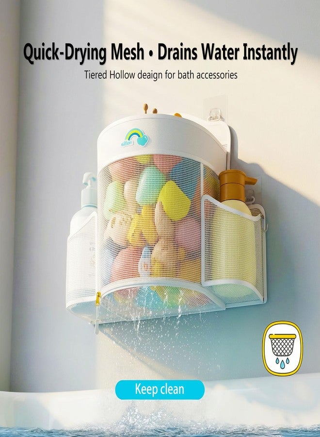 Austion Hanging Bath Toy Storage - Large Opening Quick Dry Mesh Bath Toy Holder with 2 Side Pockets and Bottom Zipper, Space-Saving Bath Toy Organizer for Kids Bathtubs - White - Image 3