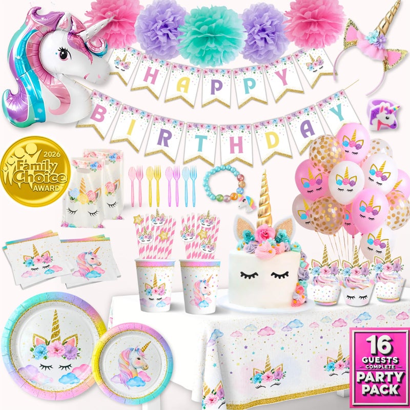 RainMeadow 152 Pc Premium Unicorn Birthday Decorations Set for Girls Complete Unicorn Party Decorations Supplies Kit with Plates Cups Napkins Balloons Banner Headband Magical Rainbow Party for Kids - Image 2