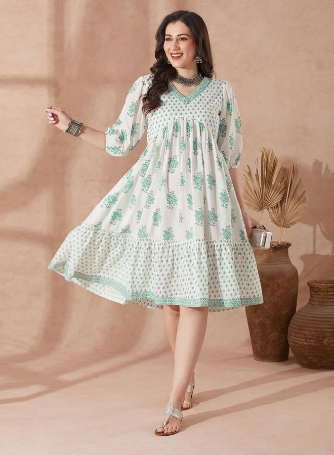 globus Ethnic Floral Print Flared Hem Fusion Dress