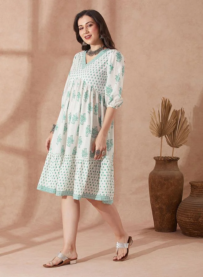 globus Ethnic Floral Print Flared Hem Fusion Dress