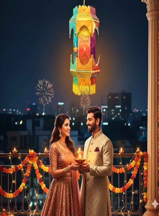 DIGI ART'S Digi Arts Store Deep Mahal Diwali Lantern | Traditional Paper Kandil Hanging Lamp with Tassels | Multicolor Festive Decorative Light for Home Balcony Window | Easy-to-Assemble Flat Pack | - Image 5