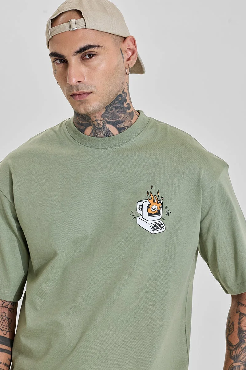 سنيتش Muted Sage Green Graphic Short Sleeve Oversized Streetwear T-Shirt