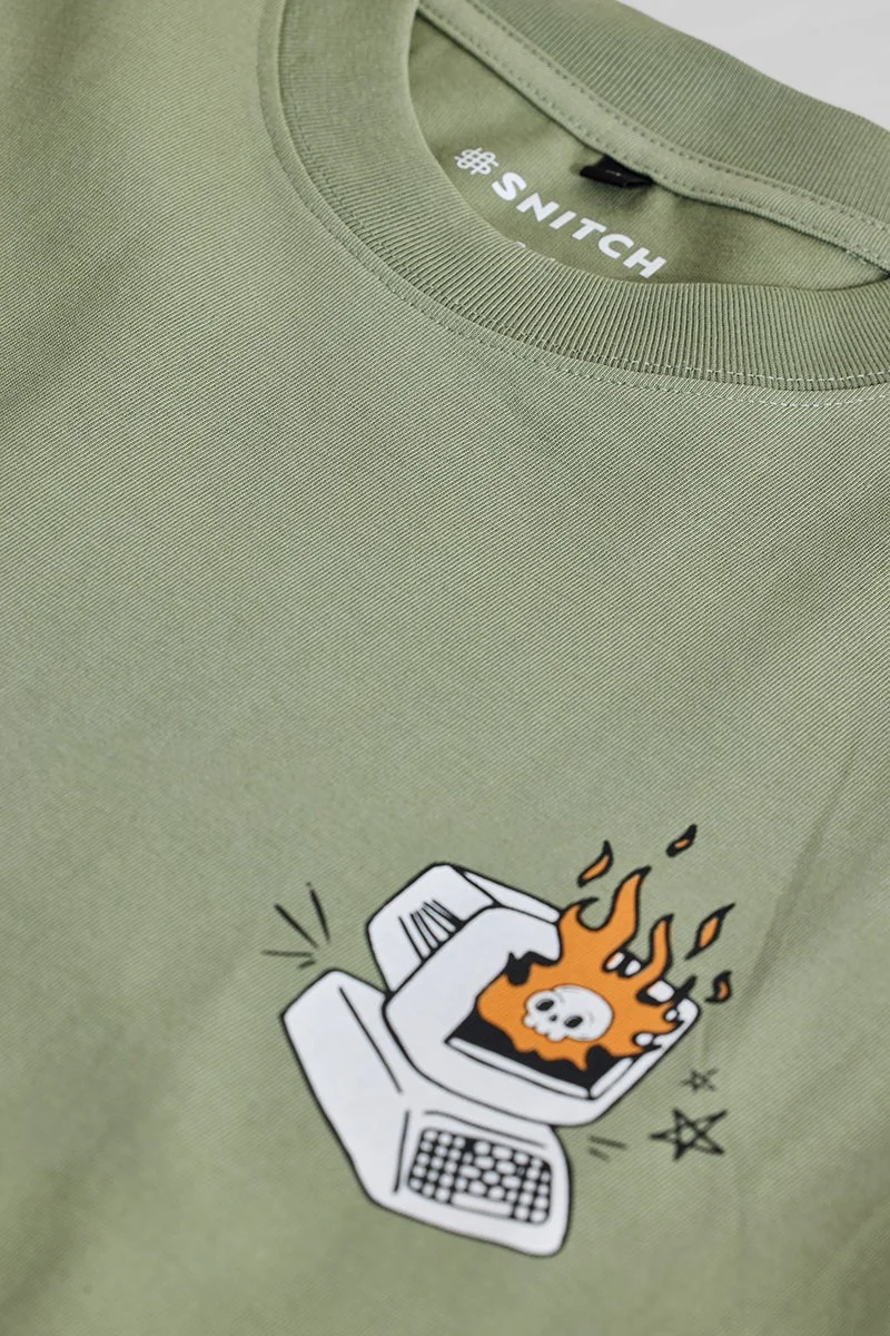 سنيتش Muted Sage Green Graphic Short Sleeve Oversized Streetwear T-Shirt