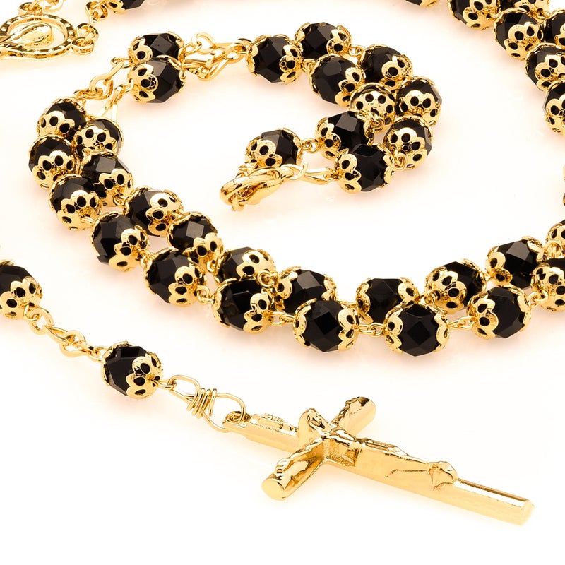 Lifetime Jewelry LIFETIME JEWELRY Gold Rosary Crucifix Necklace with Black Crystal Prayer Beads 24K Real Gold Plated  - Image 4