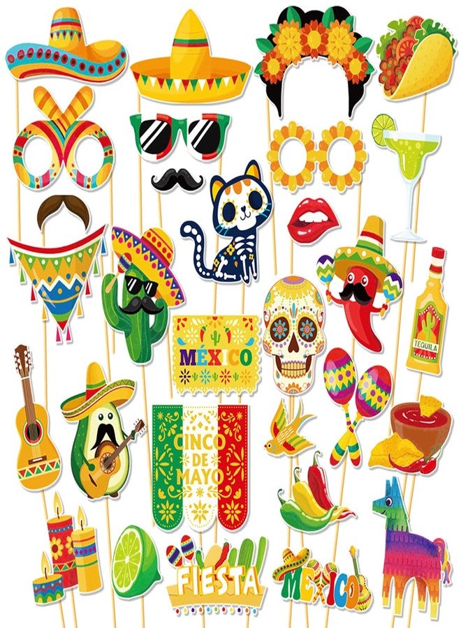 Becfupo 30 Pcs Cinco De Mayo Paper Photo Booth Props, Fiesta Sombrero Hats Cactus Peppers Pinatas Selfie Photo Props for Cinde De Mayo Festival, Birthday, Mexican Themed Party Decoration - Image 1