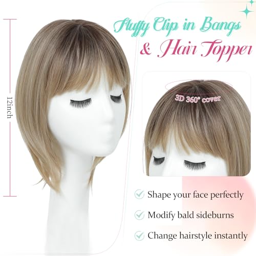 Ms Taj 12 Inch Hair Topper with Bangs 360 Cover Synthetic Clip in Bangs 4x5 Bangs Natural Straight Fiber Hair Toppers for Women Breathable Comfortable for Daily WearOmbre Brown Blonde - Image 3