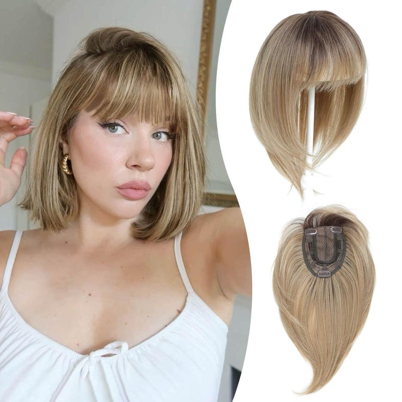 Ms Taj 12 Inch Hair Topper with Bangs 360 Cover Synthetic Clip in Bangs 4x5 Bangs Natural Straight Fiber Hair Toppers for Women Breathable Comfortable for Daily WearOmbre Brown Blonde - Image 2