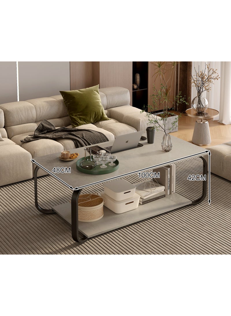 CityRiya-Long Coffee Table, 2 Tier End Table, Modern Central Table with Storage Shelf, Furniture Table, Sofa Table Desk, Coffee Table for Home Living Room, Office, Reception Room (100*48cm) - Image 2