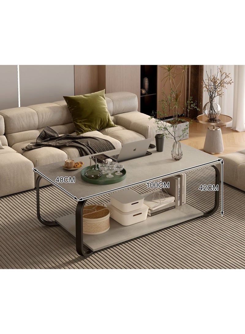 CityRiya-Long Coffee Table, 2 Tier End Table, Modern Central Table with Storage Shelf, Furniture Table, Sofa Table Desk, Coffee Table for Home Living Room, Office, Reception Room (100*48cm) - Image 3