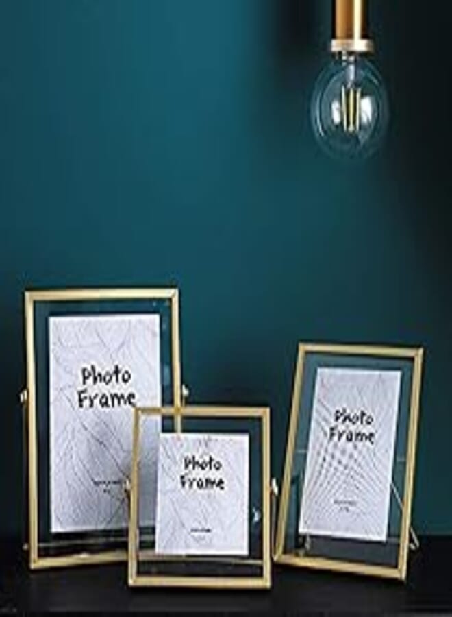 Gold Photo Frame Vintage Style Antique Gold Standing Picture Frames with Pressed Glass, Brass Metal Picture Frame for Photos, Plant Specimen Tabletop Display, Includes 4" x 4", 4" x 6", 5" x 7" (Gold)
