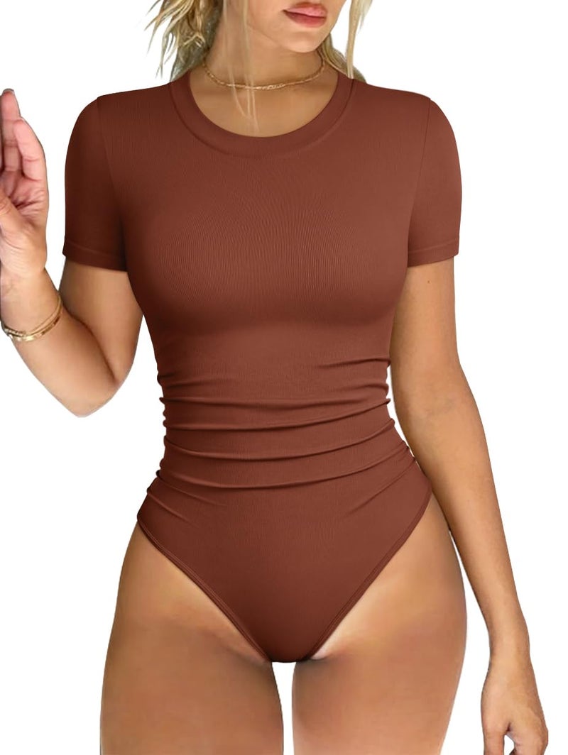 OQQ Women's Crew Neck Short Sleeve Bodysuit Ruched Stretch Vacation Basic for Tops Spring & Summer Caramel - Image 1