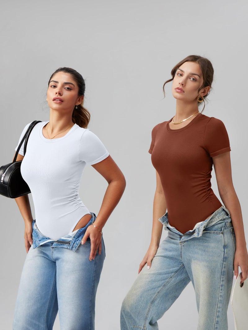 OQQ Women's Crew Neck Short Sleeve Bodysuit Ruched Stretch Vacation Basic for Tops Spring & Summer Caramel - Image 5