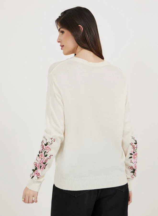 Styli Floral Embroidered Round Neck Sweaters