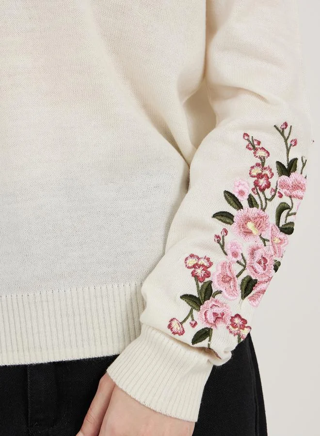 Styli Floral Embroidered Round Neck Sweaters