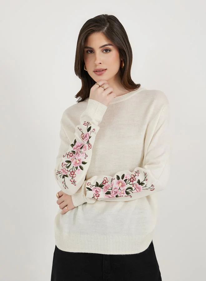 Styli Floral Embroidered Round Neck Sweaters