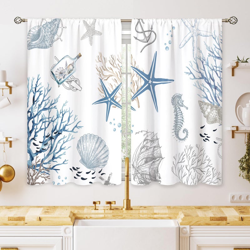 oolygoo Blue Ocean Beach Kitchen Curtains Nautical Coastal Starfish Seashell Small Window Treatment Underwater Cafe Short Window Curtains for Bathroom Dining Room Blue Sea Treatment Drape 275x39 inch - Image 2