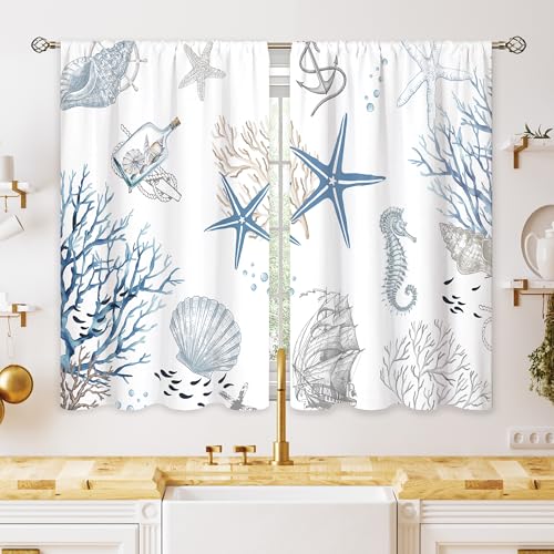 oolygoo Blue Ocean Beach Kitchen Curtains Nautical Coastal Starfish Seashell Small Window Treatment Underwater Cafe Short Window Curtains for Bathroom Dining Room Blue Sea Treatment Drape 275x39 inch - Image 1