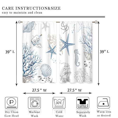 oolygoo Blue Ocean Beach Kitchen Curtains Nautical Coastal Starfish Seashell Small Window Treatment Underwater Cafe Short Window Curtains for Bathroom Dining Room Blue Sea Treatment Drape 275x39 inch - Image 3