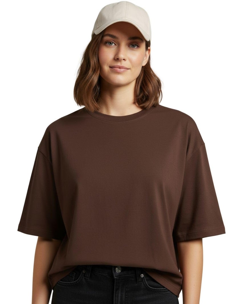 LEOTUDE Womens Oversized Round Neck Cottonblend Half Sleeve T-Shirts (GRL_FS49_Plain_Women_P_Brown_XL) - Image 1
