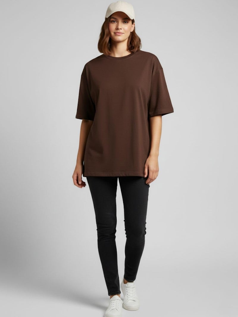 LEOTUDE Womens Oversized Round Neck Cottonblend Half Sleeve T-Shirts (GRL_FS49_Plain_Women_P_Brown_XL) - Image 4