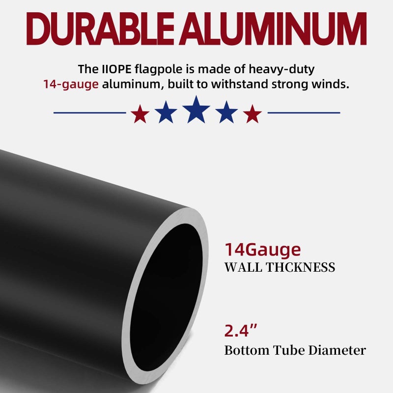 IIOPE 20FT Telescoping Flag Pole for Outside House, Extra Thick Telescopic Flagpole with USA Flag, Inground Outdoor Use, Camper RV, Residential & Commercial, Complete Hardware & Aluminum Top Ball (Black) - Image 2