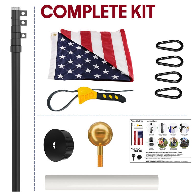 IIOPE 20FT Telescoping Flag Pole for Outside House, Extra Thick Telescopic Flagpole with USA Flag, Inground Outdoor Use, Camper RV, Residential & Commercial, Complete Hardware & Aluminum Top Ball (Black) - Image 4