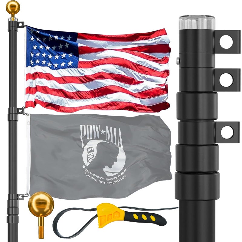 IIOPE 20FT Telescoping Flag Pole for Outside House, Extra Thick Telescopic Flagpole with USA Flag, Inground Outdoor Use, Camper RV, Residential & Commercial, Complete Hardware & Aluminum Top Ball (Black) - Image 1