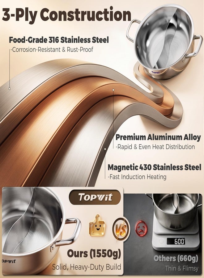 TOPWIT 3-Ply Construction 316 Stainless Steel Double-flavor Shabu Shabu Pot, 5.5QT Hot Pot with Divider, 11″ Dual Side Pot for Cooking, Hotpot for Induction Cooktop, Gas/Ceramic Cooktop, Hot Burner - Image 3
