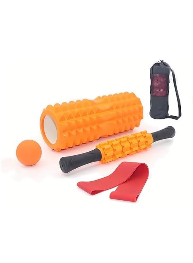 HOOKOR Durku Foam Rollers, 5 in 1 Roller Set Roller with Muscle Roller Stick,Massage Ball, Density Foam Roller for Yoga Pilates,Resistance Band for Muscle Massage,Fitness Exercise for Whole Body (Orange) - Image 1