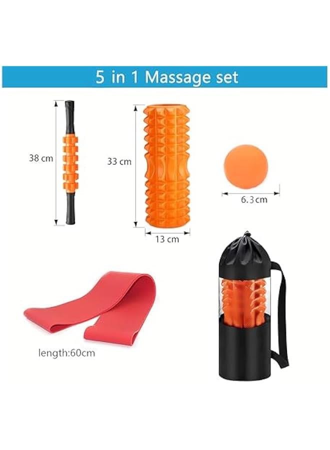 HOOKOR Durku Foam Rollers, 5 in 1 Roller Set Roller with Muscle Roller Stick,Massage Ball, Density Foam Roller for Yoga Pilates,Resistance Band for Muscle Massage,Fitness Exercise for Whole Body (Orange) - Image 2