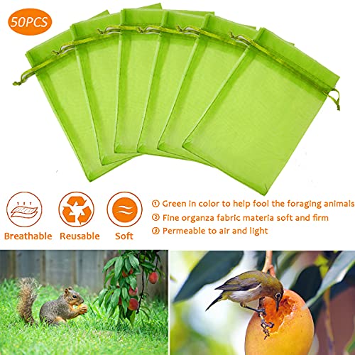 Miuezuth 50PCS Fruit Protection Bags, 9x6'' Green Netting Bags for Fruit Trees, Garden Fruit Cover Mesh Bags with Drawstring for Plant Fruit Flower and Vegetables - Image 2