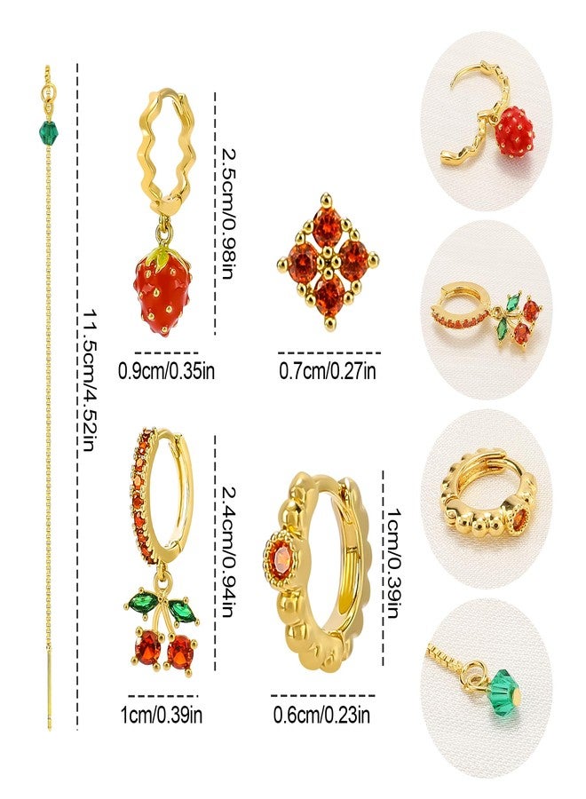 MOONWALTZ Sweet Red Cherry Strawberry Earrings Set for Women 14K Gold Plated Cubic Zirconia Huggie Hoop Earrings Long Tassel Chain Dainty Flower Earrings for Multiple Piercing Fun Fruit Jewelry Gifts for Women - Image 2