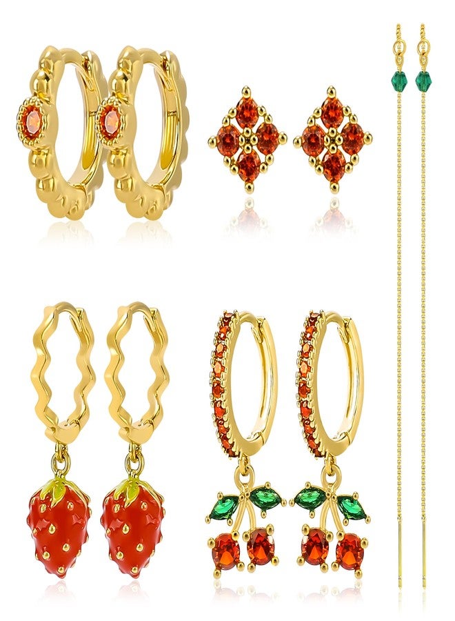 MOONWALTZ Sweet Red Cherry Strawberry Earrings Set for Women 14K Gold Plated Cubic Zirconia Huggie Hoop Earrings Long Tassel Chain Dainty Flower Earrings for Multiple Piercing Fun Fruit Jewelry Gifts for Women - Image 1